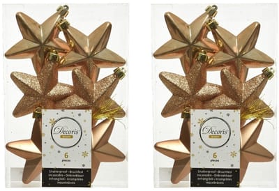 Decoris kersthanger sterren - 12x st - camel bruin - 7 cm - kunststof - kerstornamenten - kerstversiering