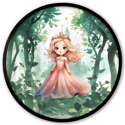 Poster in lijst Rond - Fotolijst 40x40 cm - Posters - Prinses - Kasteel - Bos - Meisje - Ronde posterlijst zwart - Decoratie - Wanddecoratie woonkamer - Muurdecoratie slaapkamer