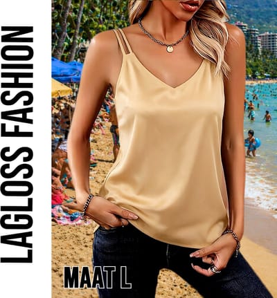 LaGloss® Satijnlook Camisole Top Champagne Beige – Elegante Mouwloze Top met V-Hals – Maat L