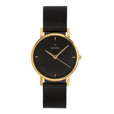 KRAEK Lina Goud met Zwarte Wijzerplaat  32 mm | Dames Horloge | Zwart mesh horlogebandje | Minimaal Design | Véjile collectie