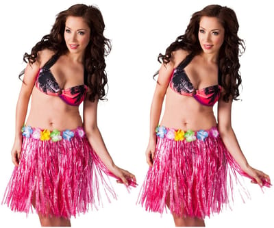 Boland Hawaii verkleed rokje - 2x - dames - roze - hoela rokje - tropisch - kort 45 cm - verkleedkleding