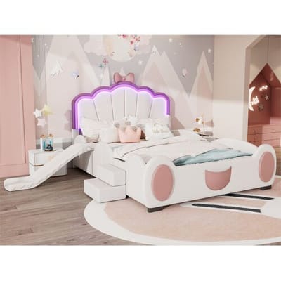 ModernLuxe Kunstleren kinderbed 140x200 cm - met glijbaan en ladder - met LED en afstandsbediening - Roze