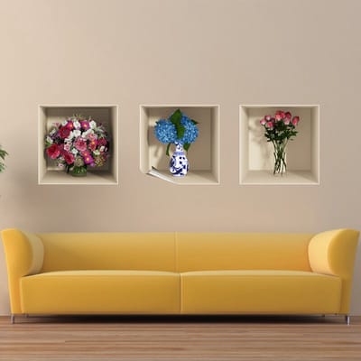 Sticker met 3D-effect, met roze en blauwe bloemen, 30 x 90 cm