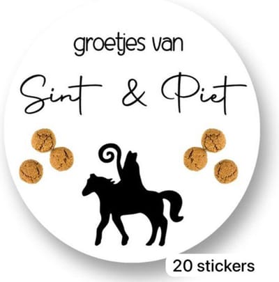 Akyol - Sinterklaas / Sint - Sluitsticker Groetjes van Sint en Piet - Sluitzegel - Wit - Zwart - Envelop sticker - Kaart - Cadeau – Gift – Cadeauzakje - Pakjesavond - 5 december - 50mm - 20 stuks