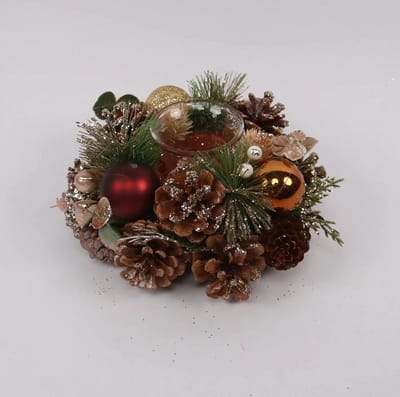 Kerstkrans / stuk 20 cm rond bordeaux rood 1 theelichthouder & dennenappels groen blad | NFT-65527 | La Galleria
