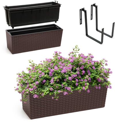 KADAX Bloembak van kunststof, 18,5 x 56 cm, plantenbak met inzet, weerbestendige balkonbak, rechthoekige bloembak, bloempot voor buiten, met houders, rotan patroon, mokka