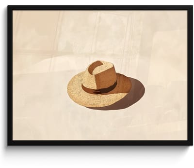 Poster in lijst - Fotolijst 70x50 cm - Posters - Hoed - Minimalistisch - Schaduw - Beige - Posterlijst zwart - Decoratie - Wanddecoratie woonkamer - Muurdecoratie slaapkamer