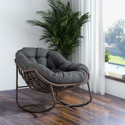 OKWISH Schommelstoel 111 x 94,5 x 80 cm - Extra Brede Ei Vorm met Dik Kussen - Voor Tuin en Balkon - Staal en Rotan - Grijs