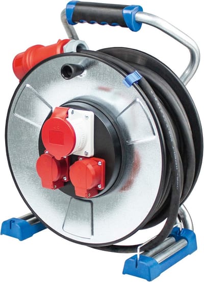 Metallkabeltrommel 25m met CEE-stekker 400V 16A - 2x 230V + 1x 400V contactdozen, IP44, H07RN-F 5G2.5, max 10.000W