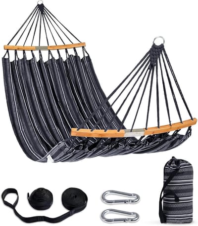Dubbele Hangmat - Kampeerhangmat TweePersoons Hangmat - Ontspannen Buiten - Gebogen Spreidstang - 340 cm lengte - Donkergrijs