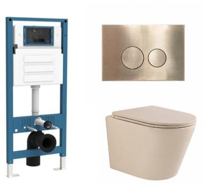 QeramiQ Dely Toiletset - inbouwreservoir Qeramiq Flush - slim zitting - metaal messing geborstelde bedieningsplaat - ronde knoppen - beige