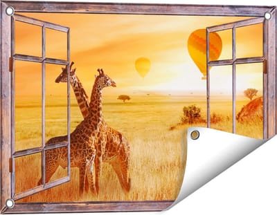 Gards Tuinposter Doorkijk Twee Giraffen met Twee Oranje Luchtballonnen - 60x40 cm - Tuindoek - Tuindecoratie - Wanddecoratie buiten - Tuinschilderij