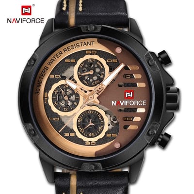 NAVIFORCE horloge voor mannen, met zwarte lederen polsband, zwarte horlogekast en grijze +  gouden wijzerplaat met in het donker oplichtende wijzers ( model 9110 BRGBN ), verpakt in een mooie geschenkdoos
