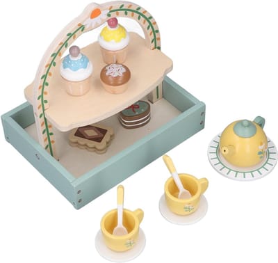 Houten Theeservies - Speelgoed Keuken - Kinderspel - Dubbeldekker Dessertrek - 25x23x8 cm