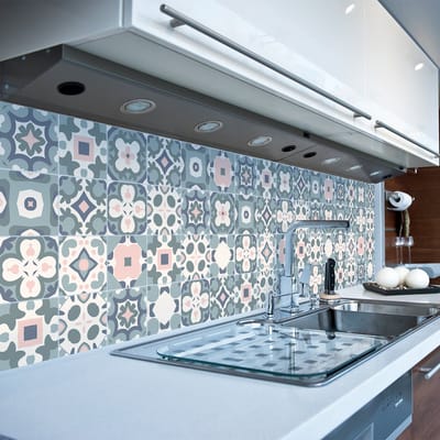 Zelfklevende tegelmuurstickers voor keuken en badkamer - 9 cementtegelstickers, Azulejos Giselle-design - 9 stickers, 20x20 cm