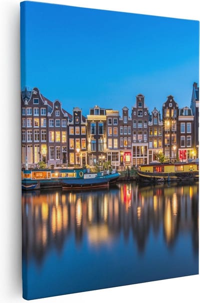 Artaza Canvas Schilderij Amsterdamse Grachten - 40x50 cm - Wanddecoratie Woonkamer - Muurdecoratie Boot - Kamer Accessoires