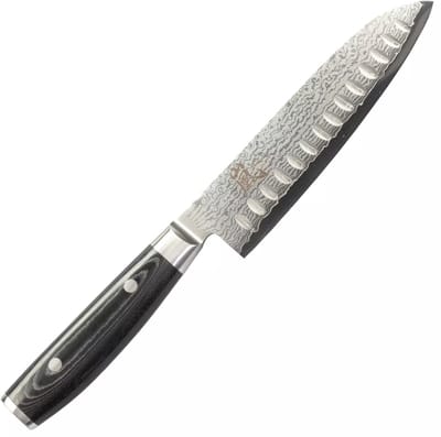 Yaxell Ran Santoku Koksmes 16,5cm met Kuiltjes – 69 Lagen Damaststaal – VG10 Staal – 61 HRC – Canvas-Micarta Heft