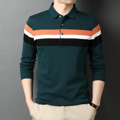 T-shirt à Manches Longues Homme Coton Printemps et Automne Fin Haut à Col Chemise de Fond Rayé Horizontal Coton Homme T-shirt Polo XXL black
