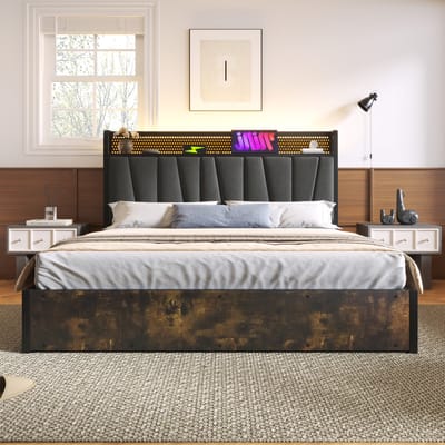 Wishdor Gestoffeerd Bedframe 180x200 cm – LED-Hoofdbord met App – Stopcontact en USB – Opbergruimte – Linnen – Grijs
