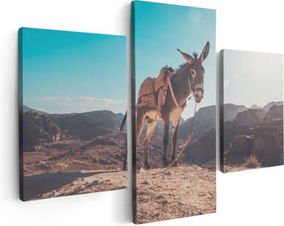 Artaza Canvas Schilderij Drieluik Ezel In De Woestijn Met Helder Blauw Lucht - 90x60 - Foto Op Canvas - Canvas Print