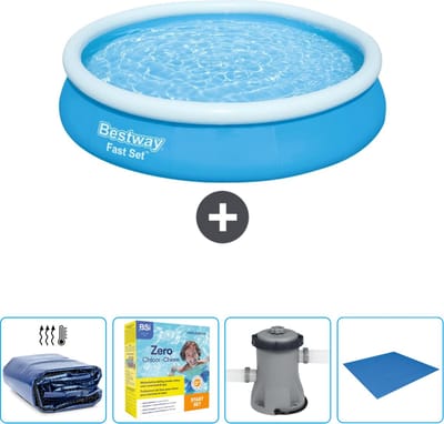 Bestway Rond Opblaasbaar Fast Set Zwembad - 366 x 76 cm - Blauw - Inclusief Solarzeil - Onderhoudspakket - Pomp - Grondzeil