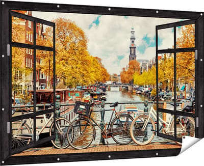 Gards Tuinposter Doorkijk Amsterdamse Brug bij een Brug met Fietsen - 180x120 cm - Tuindoek - Tuindecoratie - Wanddecoratie buiten - Tuinschilderij