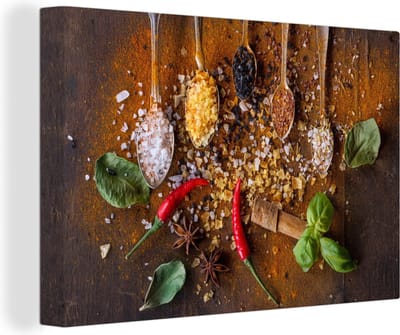 Canvas Schilderij Lepels - Kruiden - Chilipeper - Specerijen - 30x20 cm - Wanddecoratie