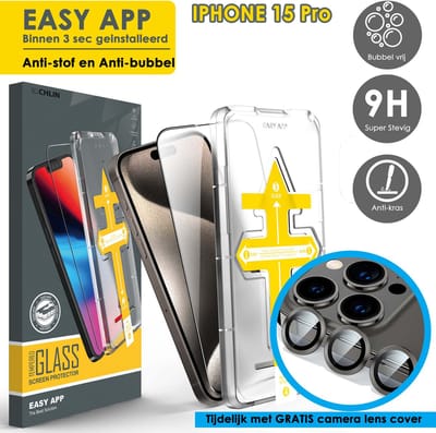 CL CHLIN® EASY APP premium screenprotector voor iphone 15 Pro, met Gratis camera lens cover - Iphone 15 Pro screenprotector 9H gehard glas met automatische zelf plak case - makkelijk te monteren screenprotector - iphone 15 Pro screen protector