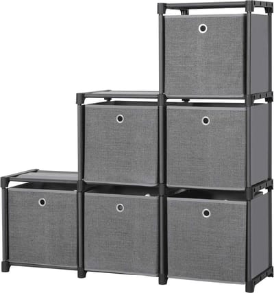 Steekrek 6 kubussen opbergsysteem met 6 stoffen dozen - DIY kast - multifunctioneel - robuust metalen frame - rubberen hamer - 105 x 105 x 30 (B x H x D) - zwart Opbergrek