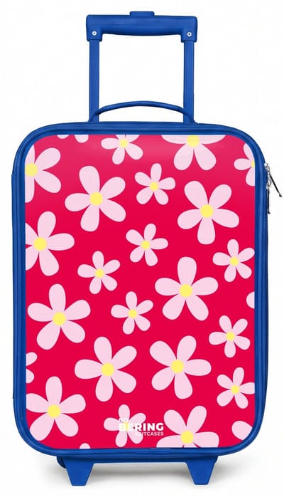 NoBoringSuitcases.com® - Kinderkoffer blauw - Kindertrolley jongen - Madeliefjesmania hotpink - Koffer kind lichtgewicht - Reiskoffer trolley voor kinderen - Koffertje met lichtgevende wieltjes - Rolkoffer