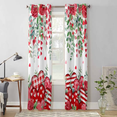 Valentijnsdag Rood Hart Eucalyptus Bladeren Rozet Raamgordijnen voor Woonkamer Slaapkamer Gordijn Modern Keuken Rolgordijnen Drapes 135W x 60H(cm) x1