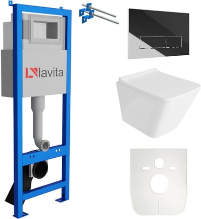 LAVITA® Inbouwreservoir Complete Toiletset LAV 101 - Inbouw WC Hangtoilet Wandcloset LAGO Wit Hoogglans - Bedieningsplaat 200.3.2 Chroom - Voorwandelement voor toilet 40cm - Installatiesysteem