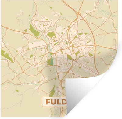Muurstickers - Sticker Folie - Plattegrond - Stadskaart - Fulda - Kaart - Vintage - 100x100 cm - Plakfolie - Muurstickers Kinderkamer - Zelfklevend Behang XXL - Zelfklevend behangpapier - Stickerfolie