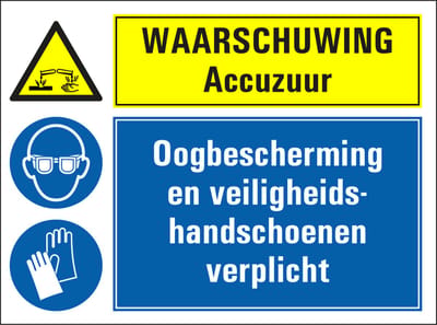 Gevaar accuzuur, oogbescherming en veiligheidshandschoenen verplicht sticker 280 x 210 mm