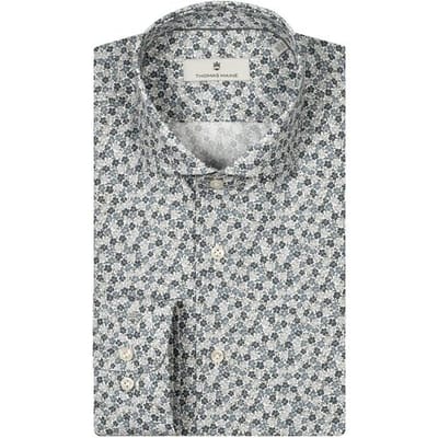 Thomas Maine Overhemd Allover Small Flower Pattern Roma Modern Kent Blauw-Grijs-Wit / male