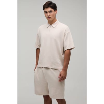 Oversized Boxy Waffle Zip Neck Polo & Baggy Shorts Set | Stone | Size XS
