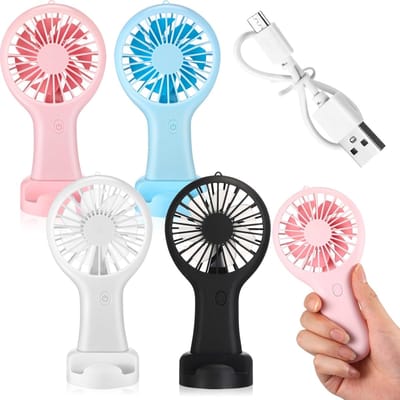 4 Stuks Hand Ventilator - Mini Fan - Mini Draagbare Ventilator - met datakabel en montagevoet - Elektrisch Draagbare Handventilator - Lange Accuduur - 3 snelheden - Oplaadbaar USB - Lichtgewicht - Stille - voor Kantoor, Buiten, Reizen en Kamperen