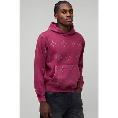 Boxy Washed All Over Rhinestone Hoodie | Pink | Size XS