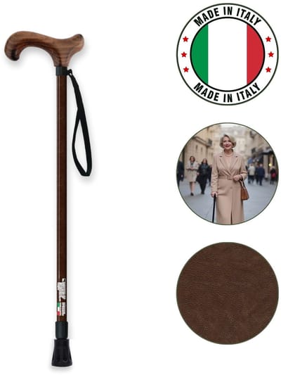 MQ Wandelstok Verstelbaar 55-94 cm voor volwassen en senioren - Bruin lederlook - Inschuifbaar met houten ergonomisch handvat - Met antislip voet voor extra veiligheid en stabiliteit - Ultralicht materiaal met ondersteuning tot 110kg