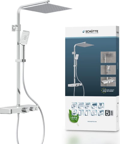 SCHÜTTE OCEAN Douchesysteem - Regendouche - Met Thermostatische Douchekraan - Geïntegreerd glazen Planchet - Met Push-Button Omsteller - Hartafstand 150 mm - Chroom & Wit
