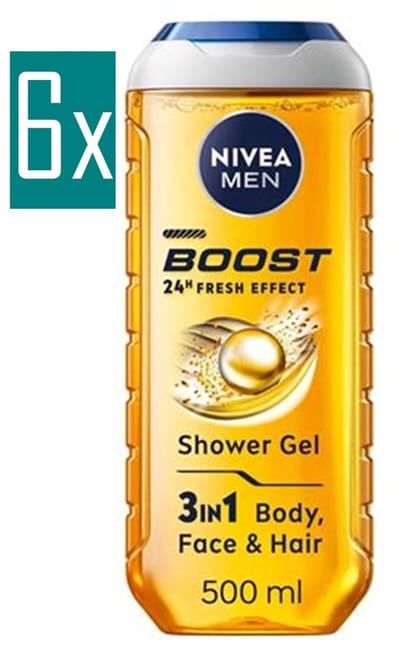 NIVEA MEN Boost Douchegel - 3-in-1 Shower Gel - met Revitaliserend Cafeïne - Shampoo - Voordeelverpakking - 6 x 500 ml