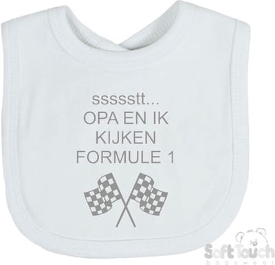 Soft Touch Slabber Slabbetje Slab "Opa en ik kijken Formule 1" Formule 1 33 x 22 Cm Katoen Wit/grijs