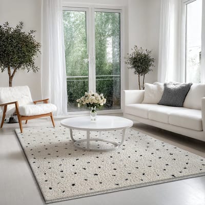 the carpet Bahar Shaggy – Hoogpolig vloerkleed in Scandinavische stijl met zwarte stippen, crème, 80 x 150 cm