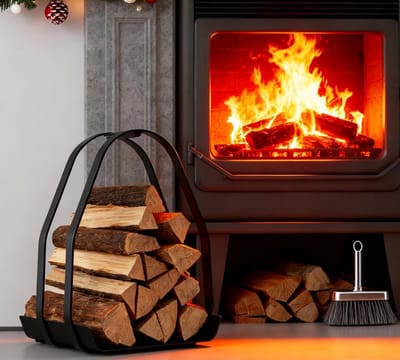 Houten Haardkorf van Zwart Gepoedercoat Metaal, Brandhout Houder met Handvat, 36x35x48cm, Stevig IJzeren Frame, Makkelijk te Monteren en Stijlvol voor Binnen en Buiten