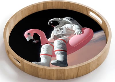 Dienblad rond 40x40 cm - Schootdienblad hout - Astronaut - Flamingo - Zwemband - Roze - Borrelplank rechthoek - Plateau houten dienbladen