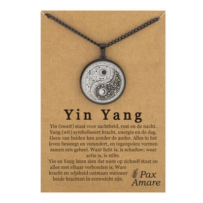 Yin Yang Ketting op Cadeau Kaartje - Zwart - Spirituele Talisman / Medalion - Stainless Steel - Talisman / Hanger - 60cm