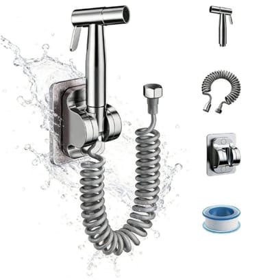 Bidet - Bidet Handdoucheset - Bidet Sproeier uit geborsteld RVS - zelfreinigende douchekop - Douchekoppen - Handdouche - Zilver -Douchekop met slang en wandhouder - Krachtige straal - Voor Toilet & Badkamer - 12 x6cm