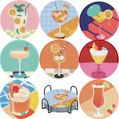 Diamond Painting - 8 stuks Cocktail diamant bekeronderzetters - Onderzetters met Houder(houten) - Diamond painting knutselset - Voor beginners, volwassenen en kinderen
