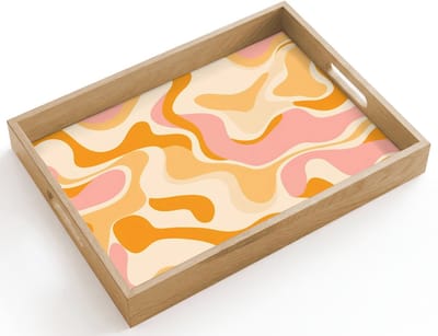 Dienblad hout 40x30 cm - Schootdienblad - Abstract - Golvend - Oranje - Borrelplank rechthoek - Plateau dienbladen