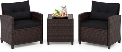 COSTWAY 3-delige set rotan tuinmeubelen, polyrotan zitgroep, 2 stoelen & 1 bijzettafel, balkonmeubel, bistroset, tuingarnituur, tuinlounge tuinset incl. glasplaat & zitkussen, bruin